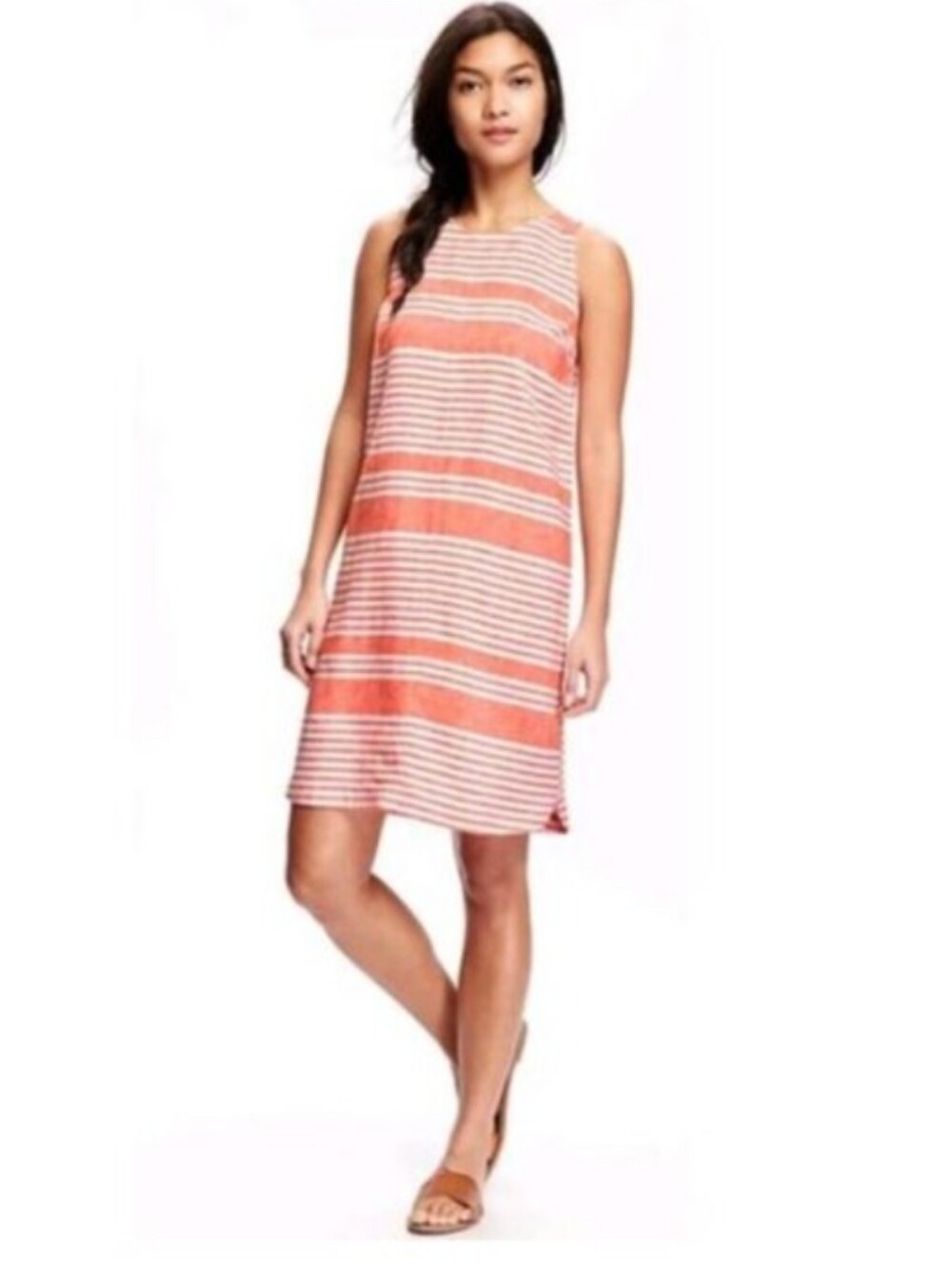 Old Navy Tangerine Orange White Striped Midi Linen Dress L